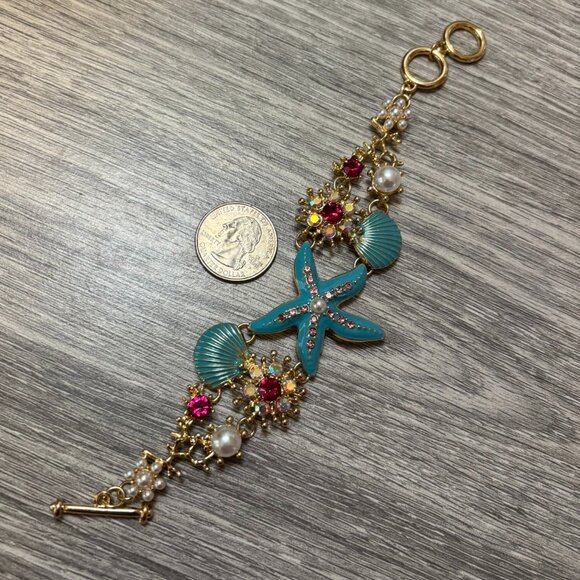 Turquoise Blue Ocean Beach Shell Starfish Seashell Crystal Statement Bracelet - Picture 6 of 6